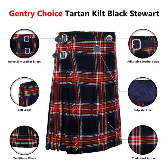 Men’s Highlander Kilt Black Stewart Tartan  8-Yard Scottish Dress NEW - Picture 7 of 8